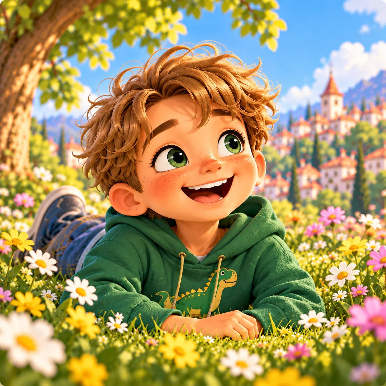 Leo, cabello rubio y sudadera verde