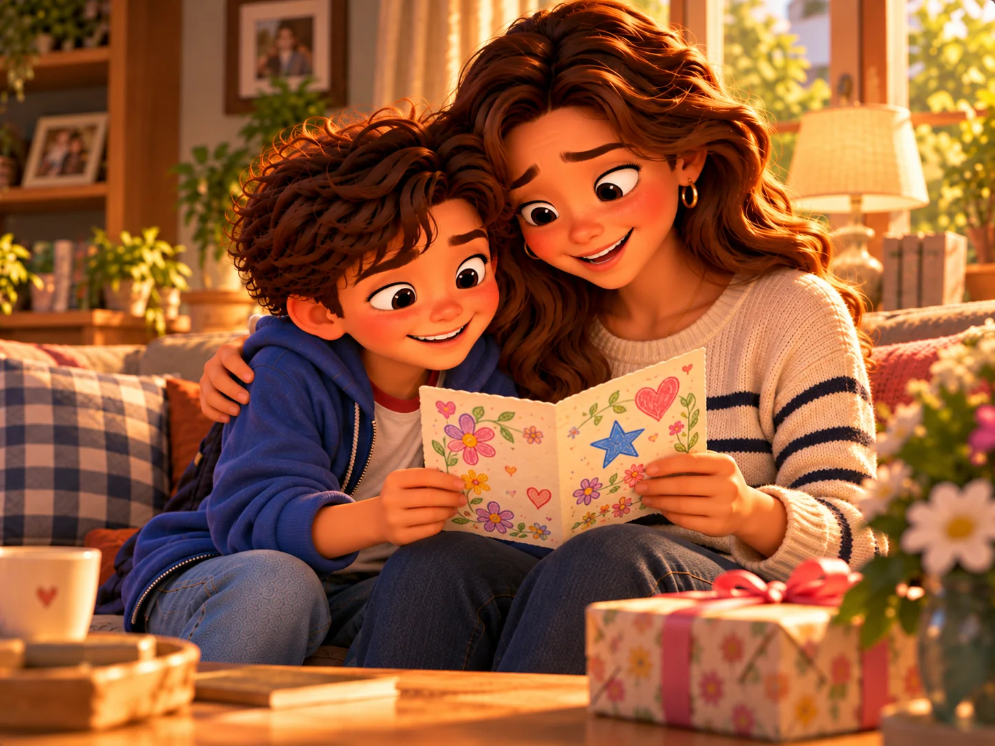 Escena del cuento: Mateo y su mamá leyendo la carta